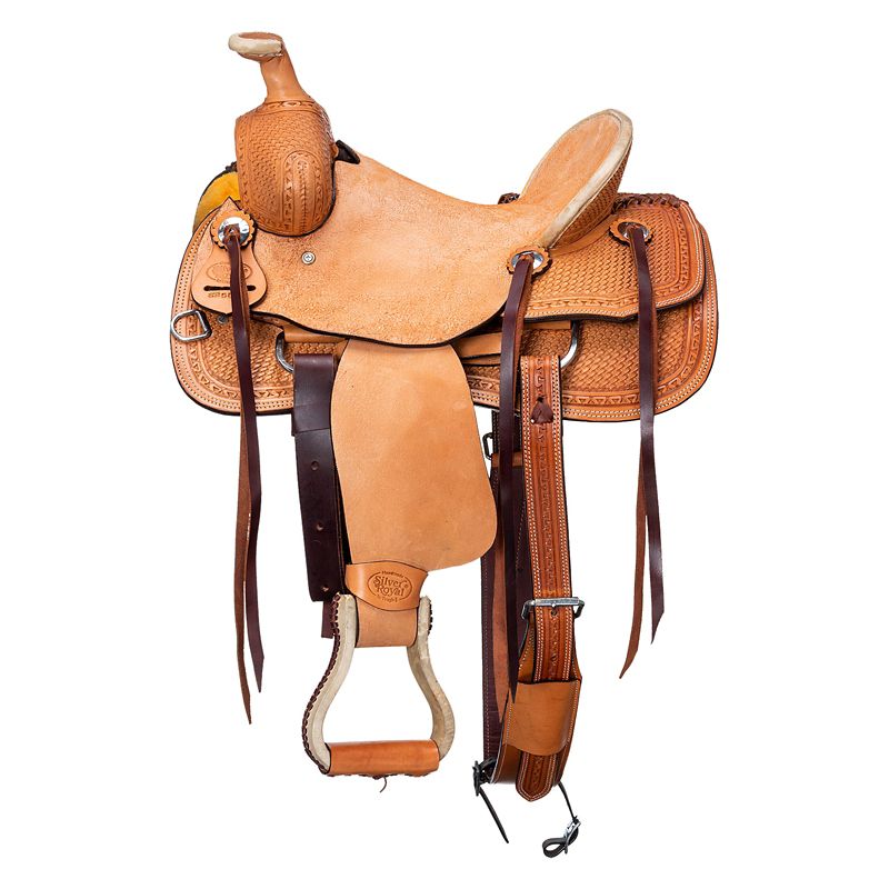 Tan, intricately tooled leather western saddle with attached stirrups.