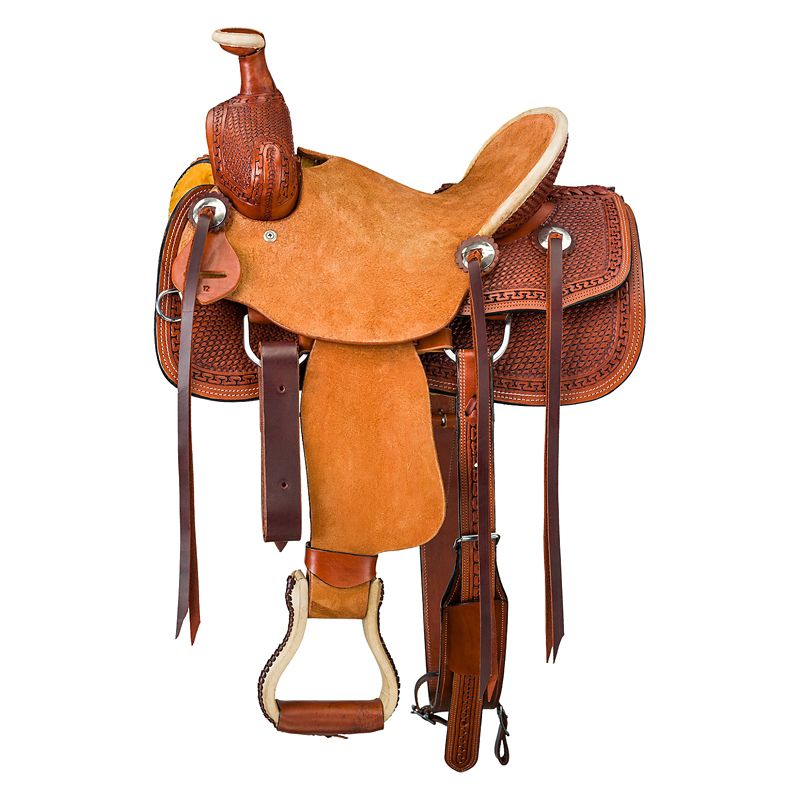 Brown leather western saddle with intricate tooling and details.