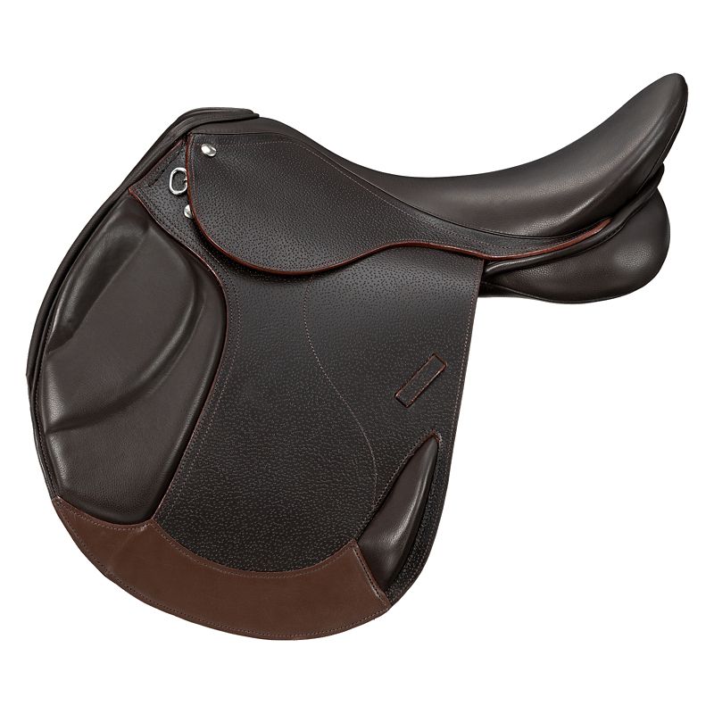 "Dark brown Bates all-purpose saddle with ergonomic design."