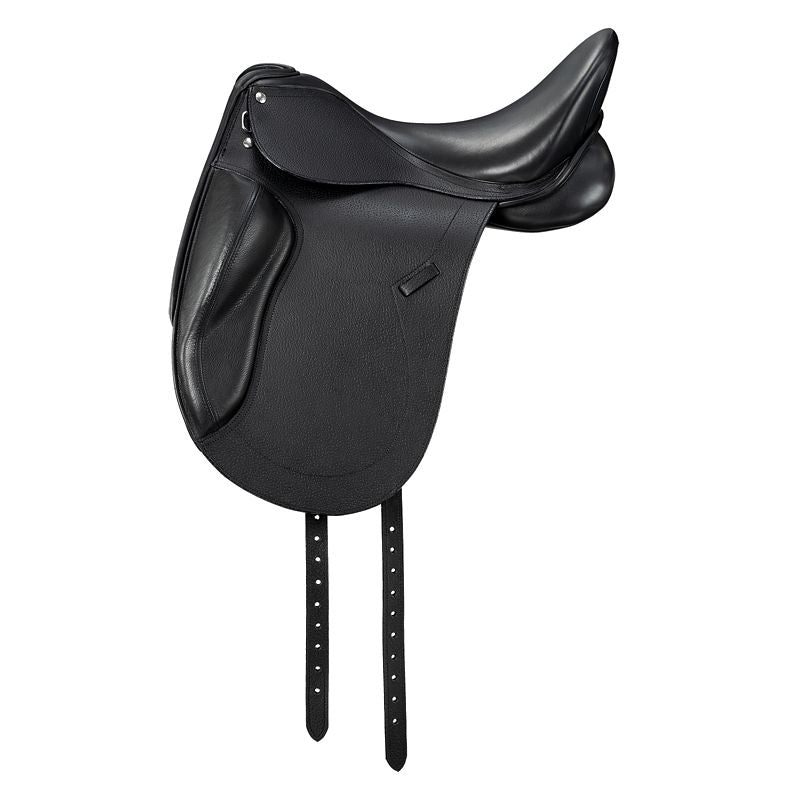 "Black Pro-Am dressage saddle with stirrup straps, side view."