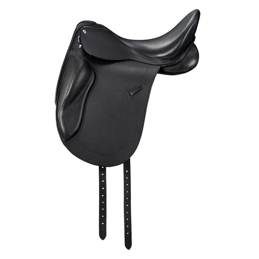 Black Hermès dressage saddle with a sleek, modern design.