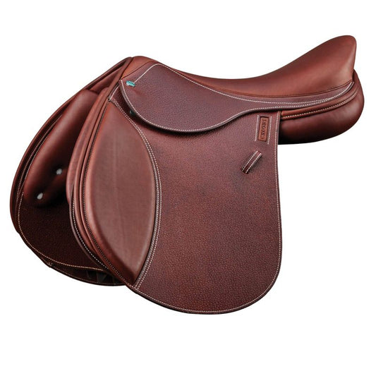 "Equisafe brown leather showjumping saddle with detailed stitching."