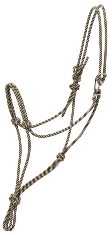 Brown and white braided rope halter with multiple knots.