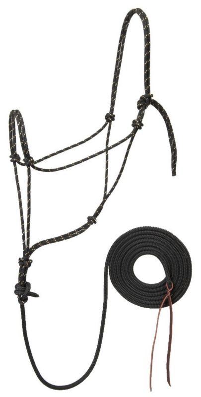 Black rope halter with lead rope, designed for horses.