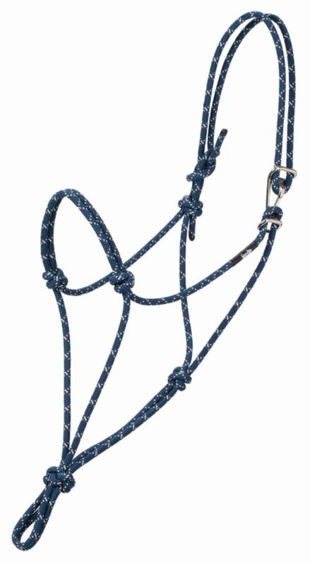 Blue rope halter with knots and metal clip, white flecks.