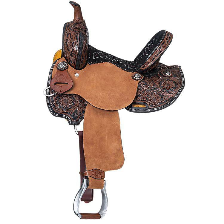 Brown and black western saddle with intricate floral patterns.