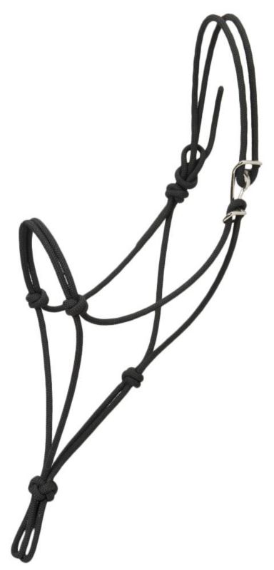 Black rope halter with adjustable knots and sturdy metal clasp.