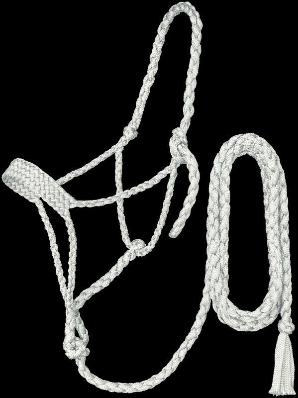 White braided rope halter on a black background for horses.