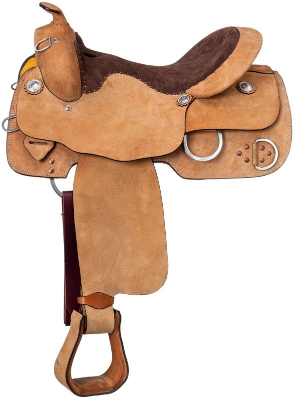 Tan and brown western saddle with suede accents and stirrups.