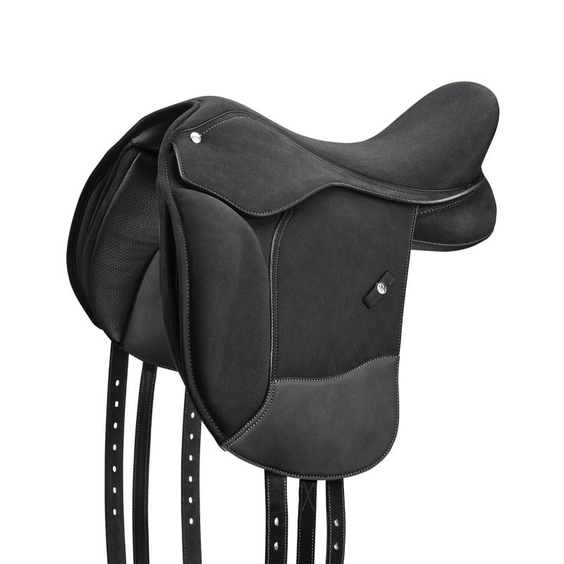 Black pony saddle with stirrup straps and white stitching.