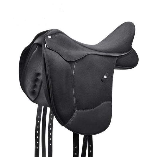 Black dressage saddle with detailed stitching and ergonomic design.