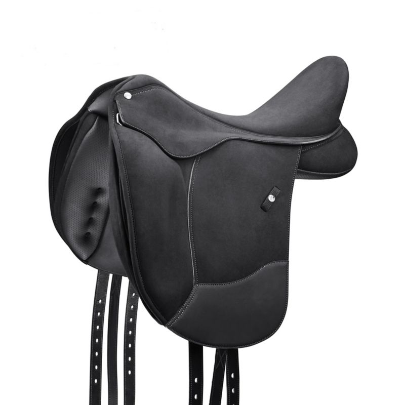 "Black dressage saddle by Blevins with smooth finish."