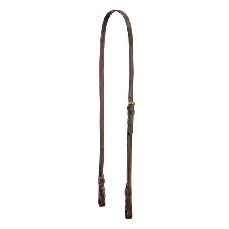 Brown leather strap for horse pelham bit, vertical orientation.