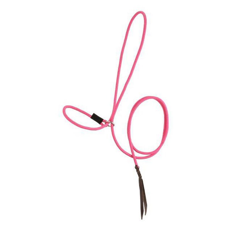 A pink rope halter with leather accents and loops.