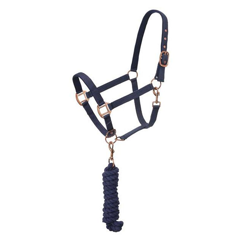 Navy blue rope halter with bronze hardware and lead rope.