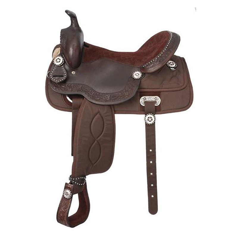 Dark brown, leather western saddle with intricate silver embellishments.