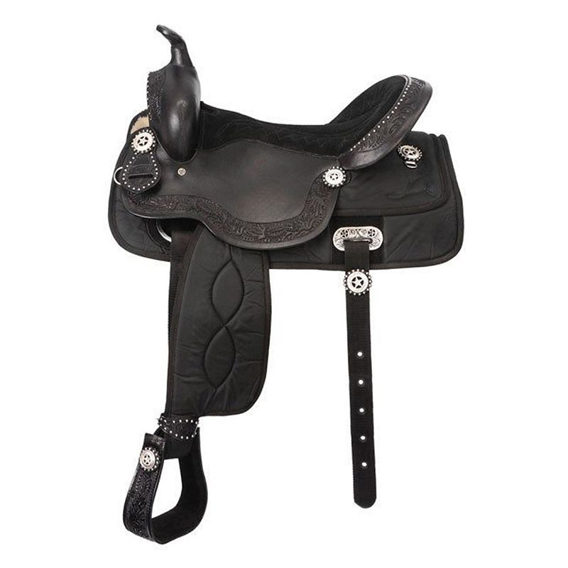 Black leather western saddle designed with decorative silver accents.