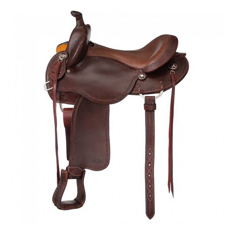 Dark brown leather western saddle with stirrups and intricate details.