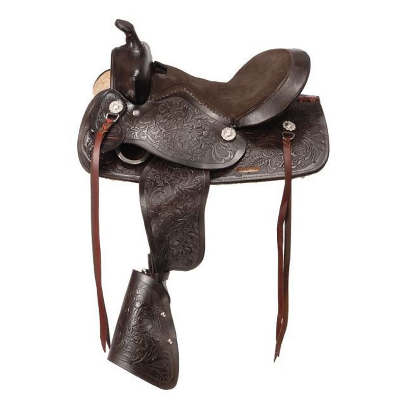 Dark brown leather pony saddle with intricate floral carvings.