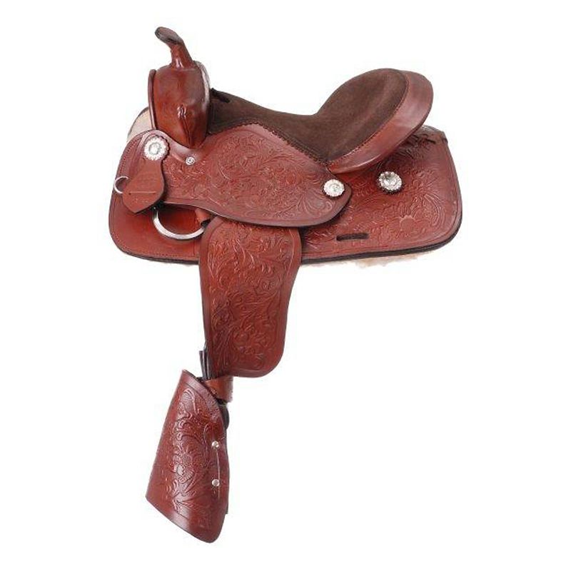 Brown leather pony saddle with intricate floral engravings.