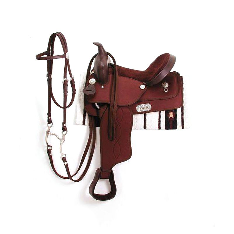 Western saddle with bridle on white background, detailed stitching.