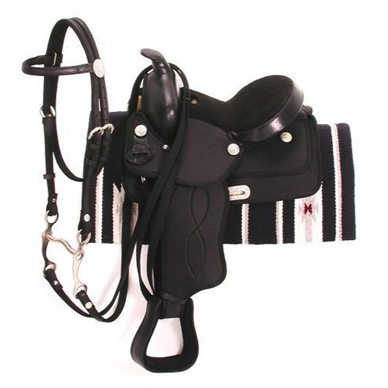 Black western saddle with bridle and striped saddle blanket.