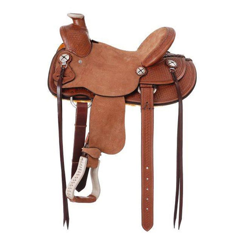 Brown leather western saddle with detailed stitching and stirrups.