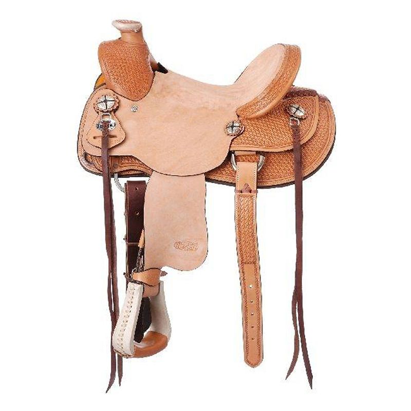 Tan brown western saddle with detailed design and stirrups.