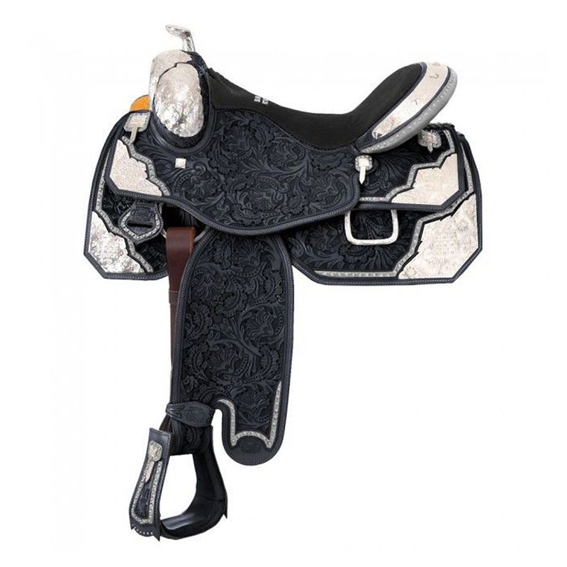 Black and white ornate western saddle with detailed patterns.