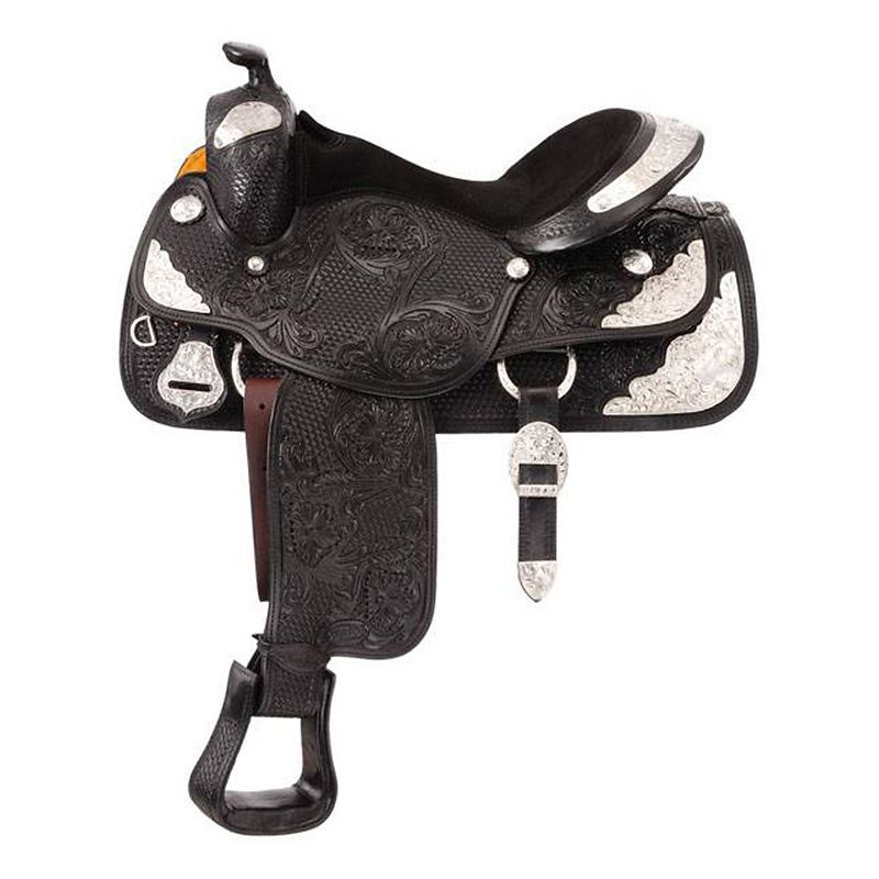 Black western saddle with intricate detailing and silver accents.