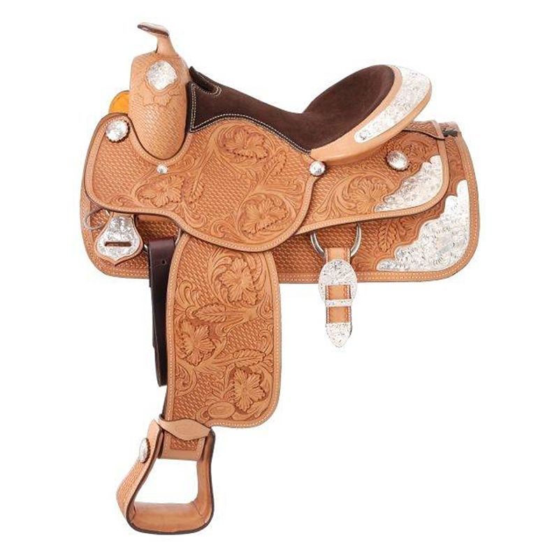 Ornate leather western saddle with intricate floral carvings, brown seat.