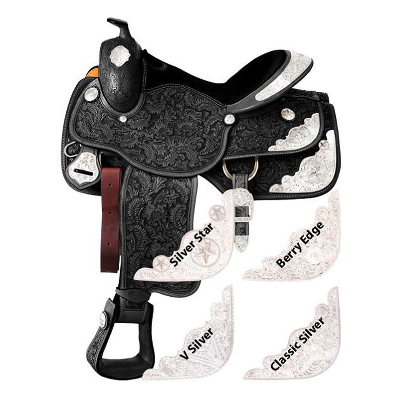 Black western saddle with various intricate silver decorations displayed.