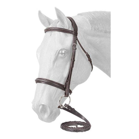 Dark brown English bridle on a grey horse head.