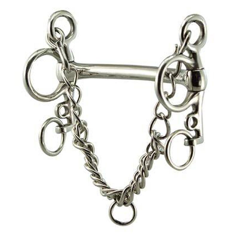 Silver metal pelham bit with multiple rings and chains.