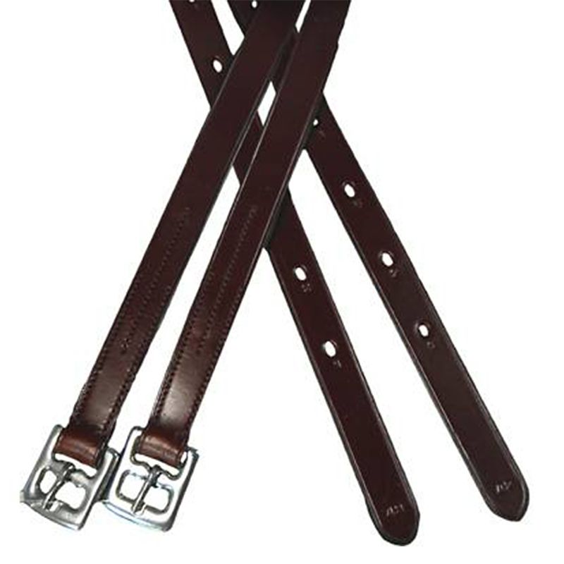 Brown leather stirrup leathers with metal buckles, equestrian gear.