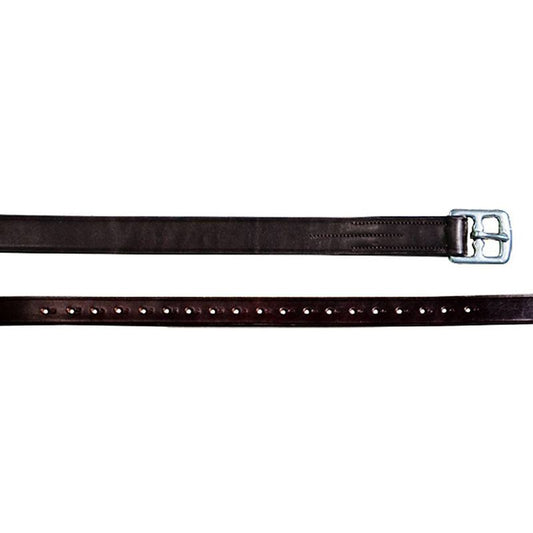 Two brown leather stirrup leathers with metal buckles.