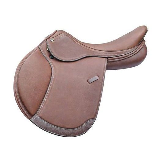 Brown showjumping saddle with detailed stitching, brand not visible.