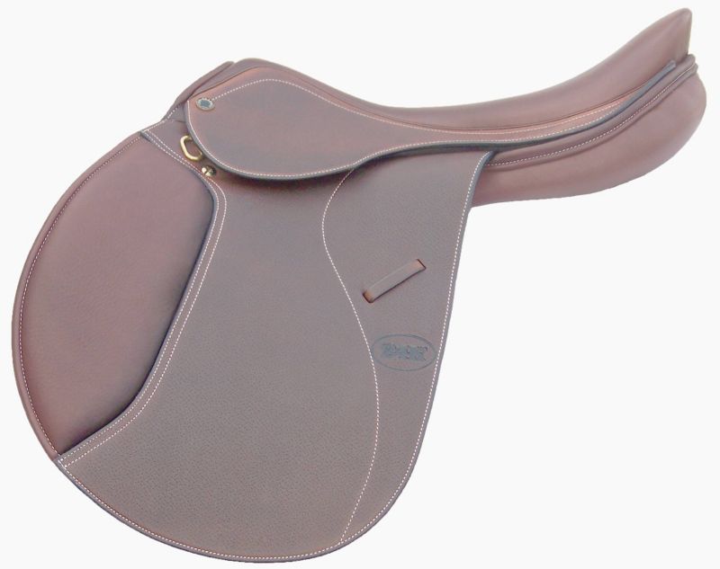 "Brown Stubben showjumping saddle, detailed stitching and quality leather."