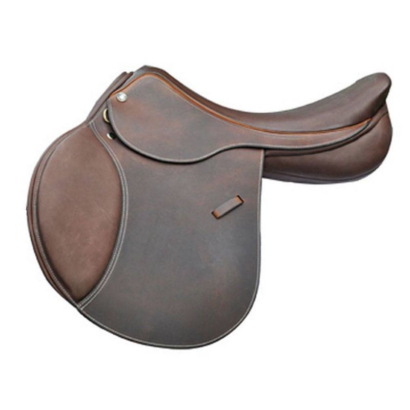 Brown showjumping saddle, brand unknown, with sleek design.