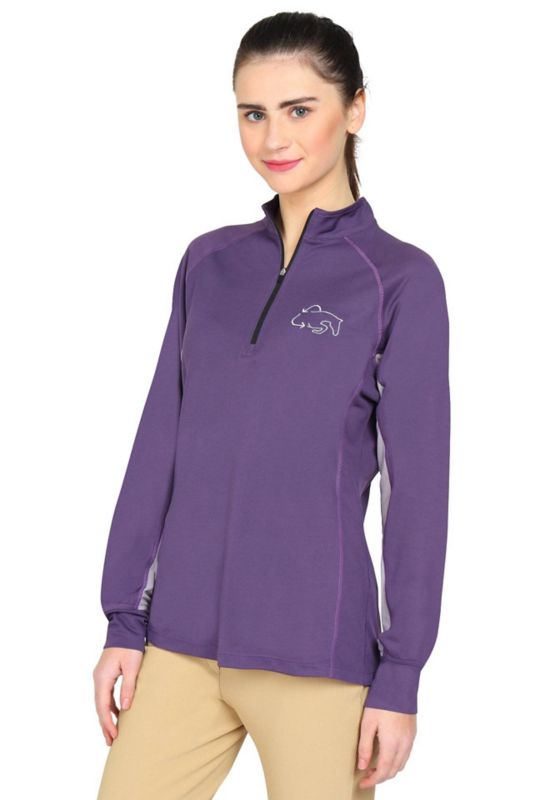 Woman wearing purple Tuffrider equestrian fleece with zipper.