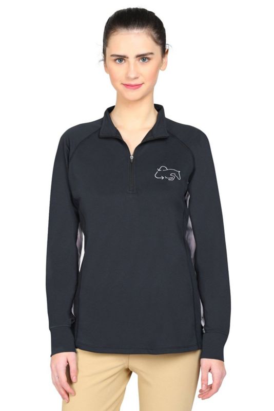 Woman wearing black Tuffrider quarter-zip equestrian shirt, front view.