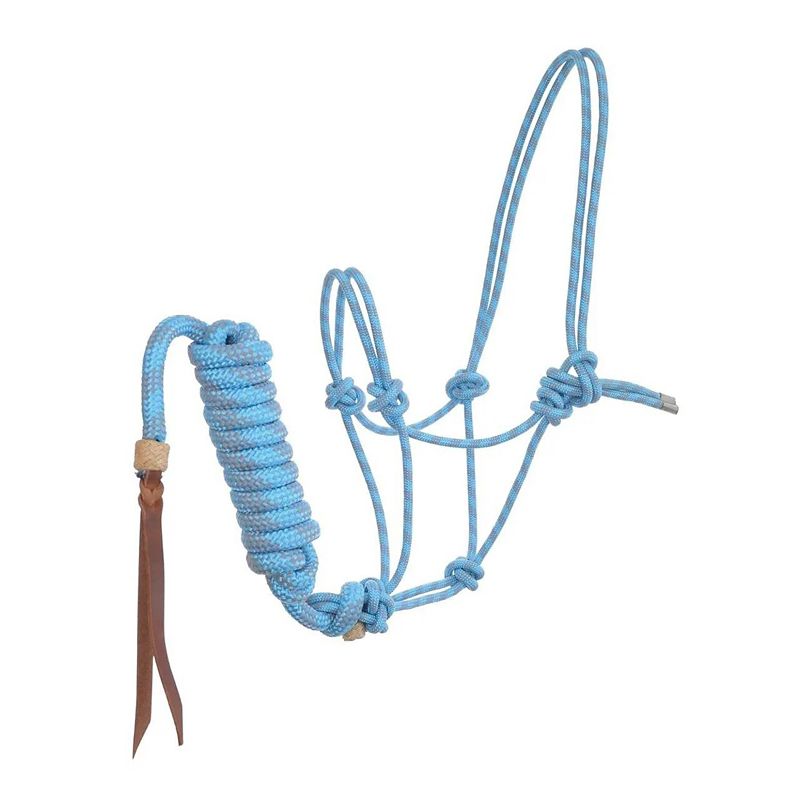 Light blue rope halter with brown leather accents, isolated.