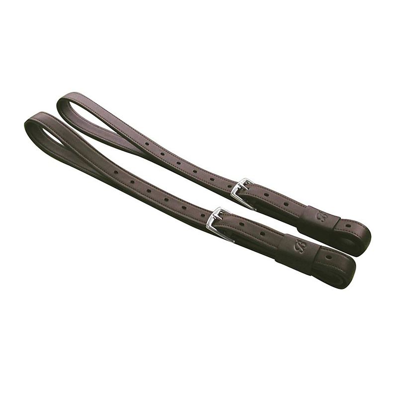 Brown stirrup leathers with metal buckles, lying flat, isolated.