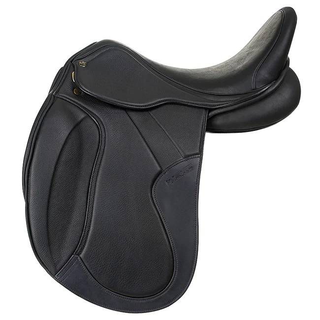 Wintec black leather dressage saddle with ergonomic design.