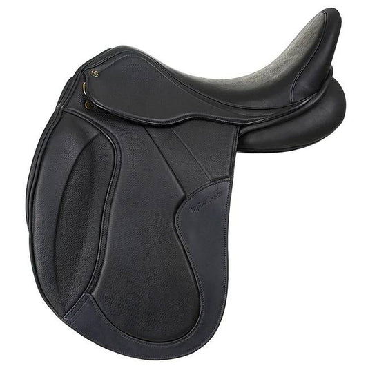 "Black Wintec dressage saddle with detailed stitching and padding."