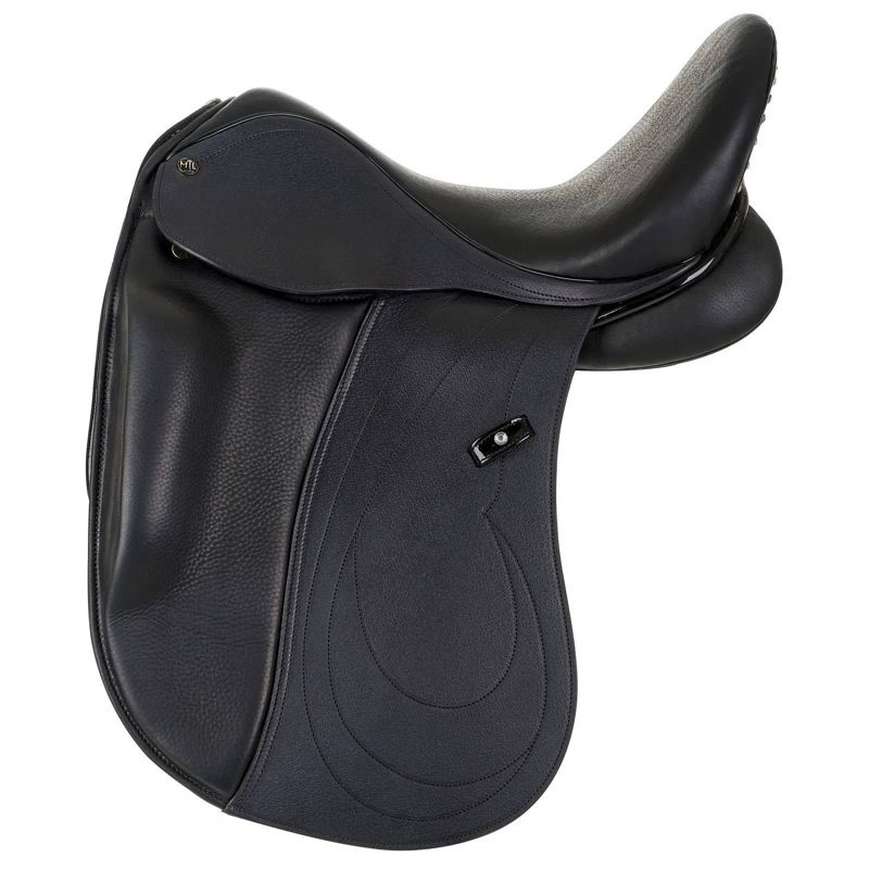 "Black HTL dressage saddle with ergonomic design and smooth texture."