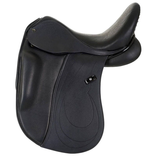 Black HT dressage saddle with ergonomic design.