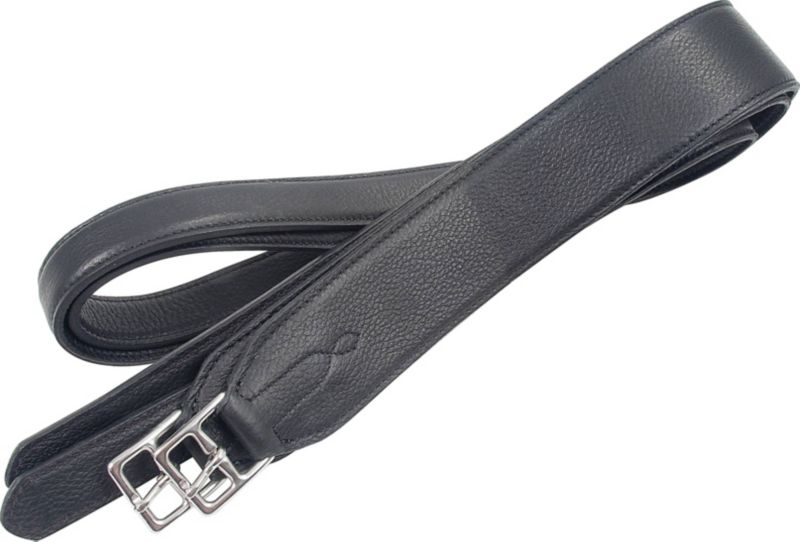 Black stirrup leathers with silver buckles on white background.