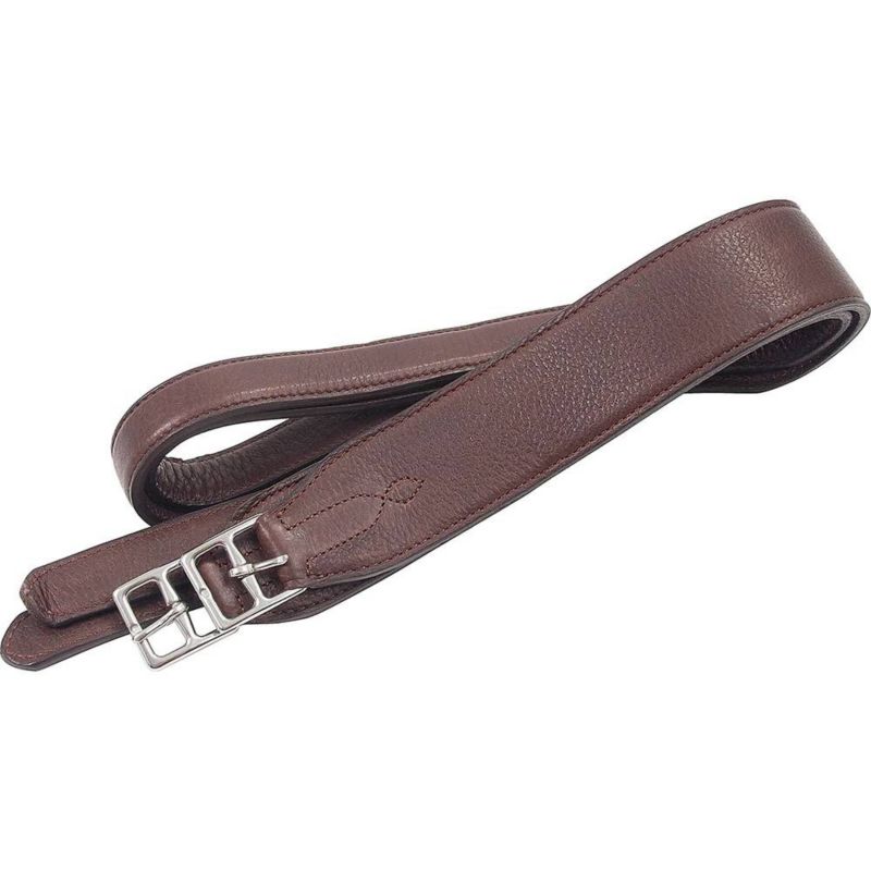 Brown leather stirrup leathers with silver buckles, coiled.