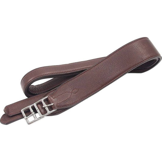 Brown stirrup leathers with silver buckles, for equestrian use.